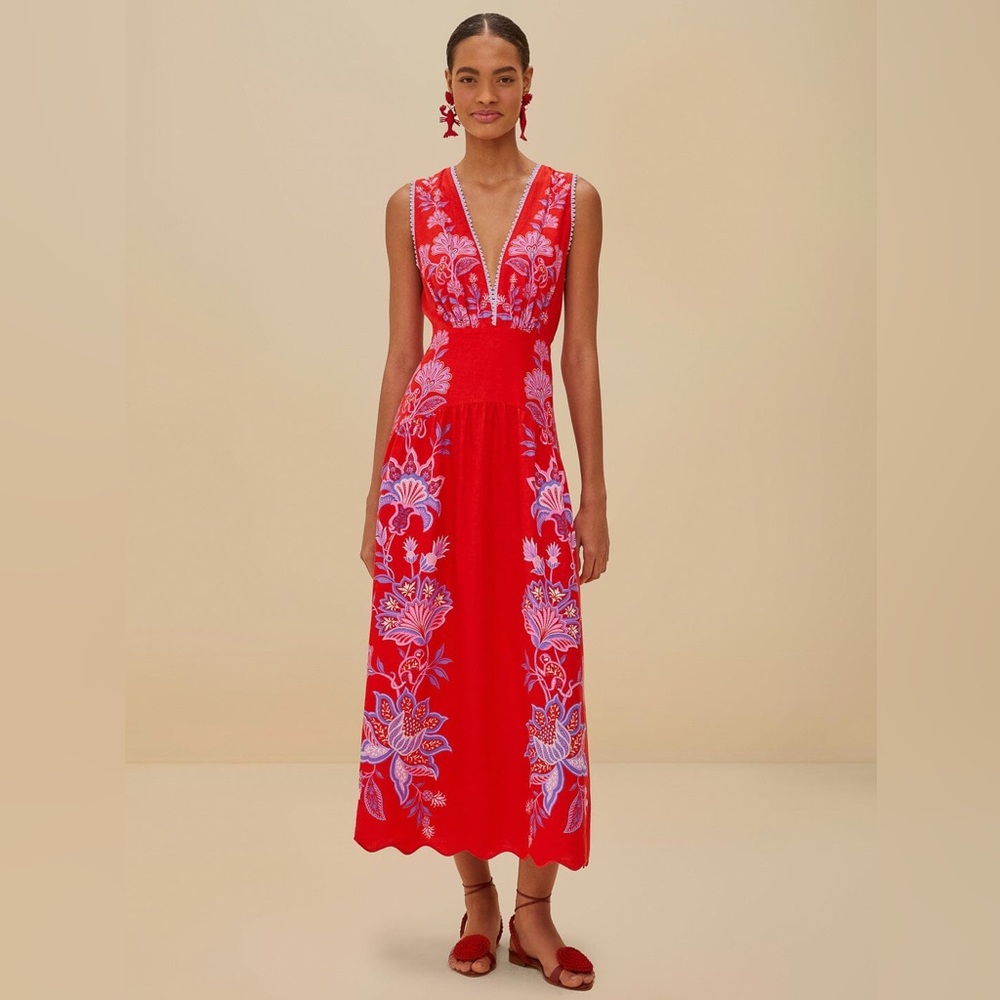 Farm Rio Red Porcelain Garden Linen Dress